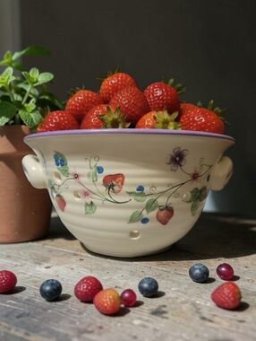 Vtg 90's New Debco Folk Art Berry Stoneware Strainer Bowl Planter